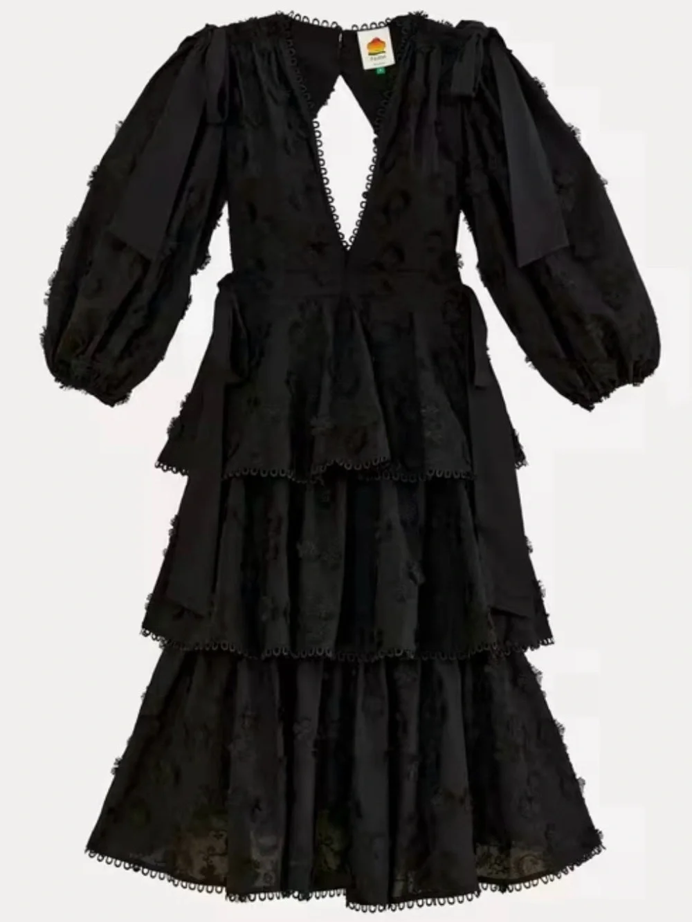 FARM RIO Black Flowers Textured Tiered Ruffle Midi-Dress Sz S Victorian Prairie - Picture 1 of 16